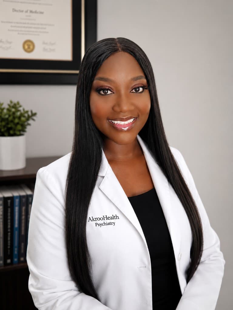 Dr. Olurounke Olutayo, DNP, PMHNP-BC, FNP-C in Akroo Health Psychiatry lab coat